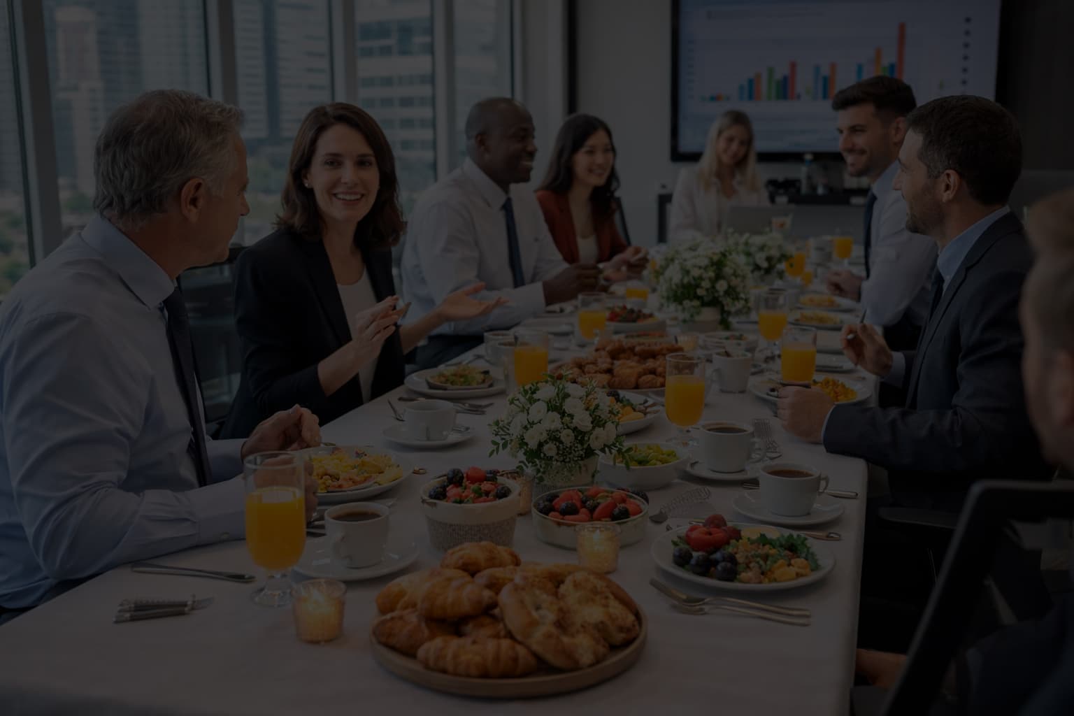 Equipo corporativo compartiendo un brunch en sala de juntas