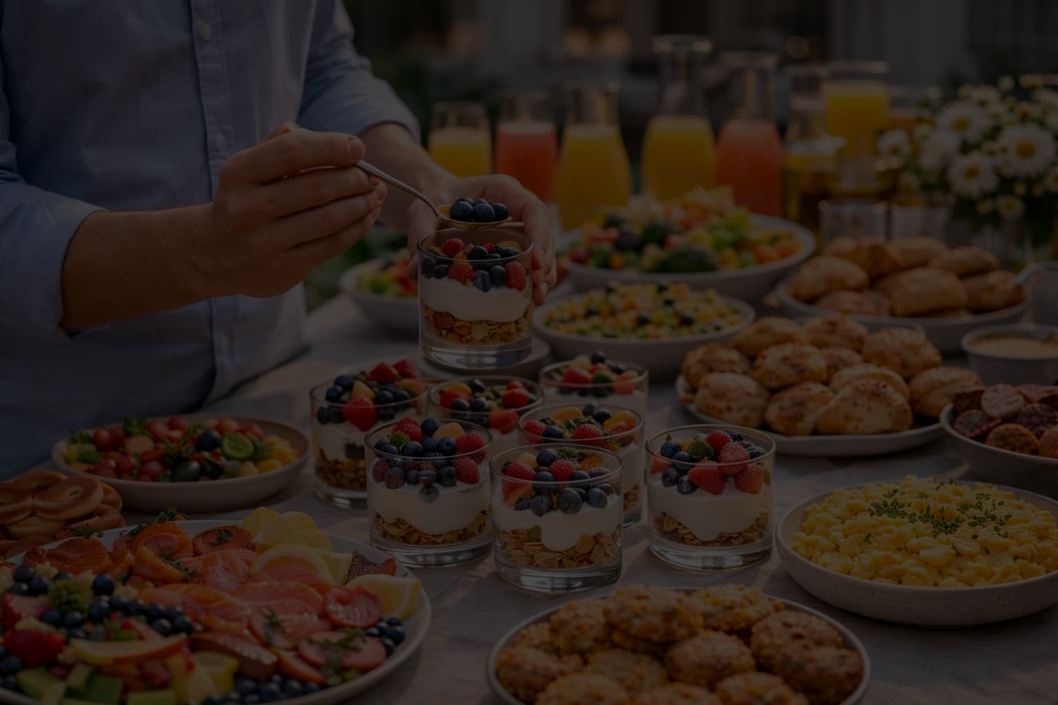Vasos de yogurt, granola y frutas servidos en mesa de brunch