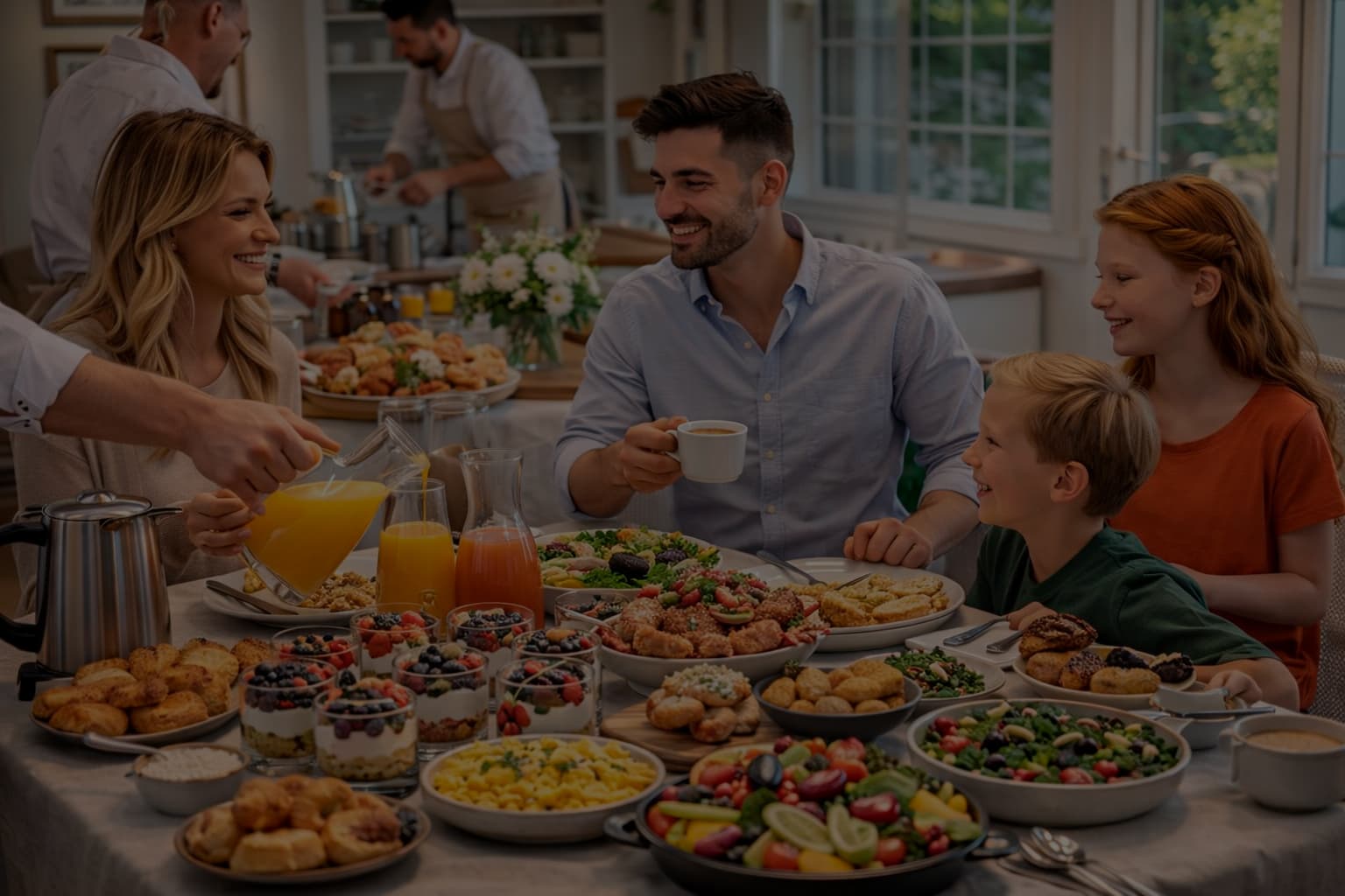 Familia disfrutando un brunch premium montado en casa
