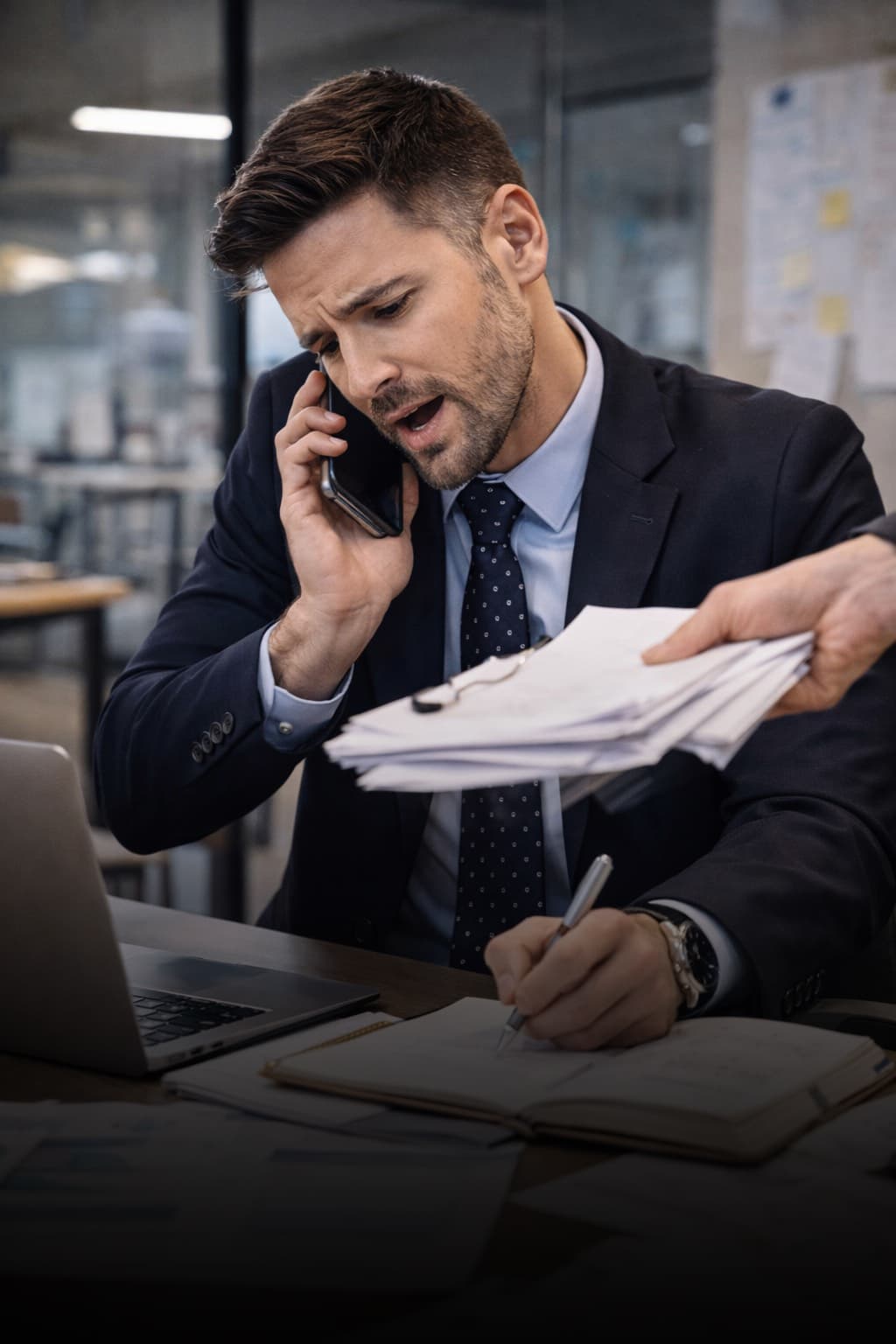 Persona atendiendo llamadas y papeles de trabajo sin tiempo para cocinar