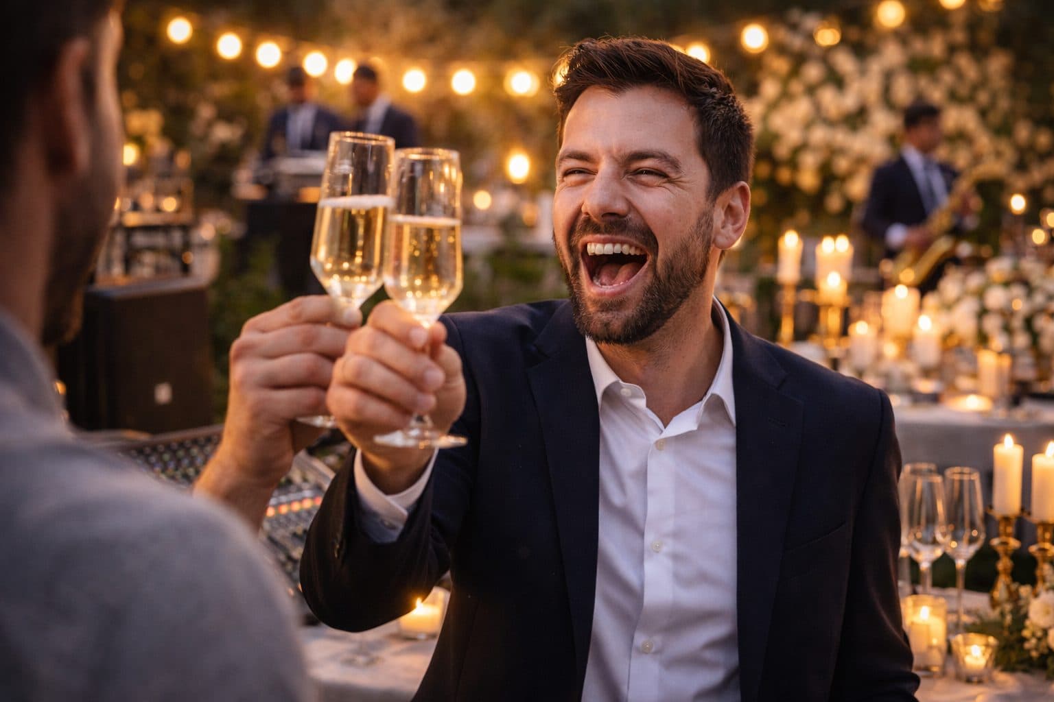 Invitado brindando con una copa de champaña en un evento privado con ambientación premium en Bogotá