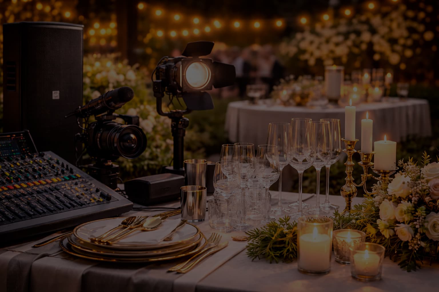Equipo de sonido y video junto a una mesa montada para evento