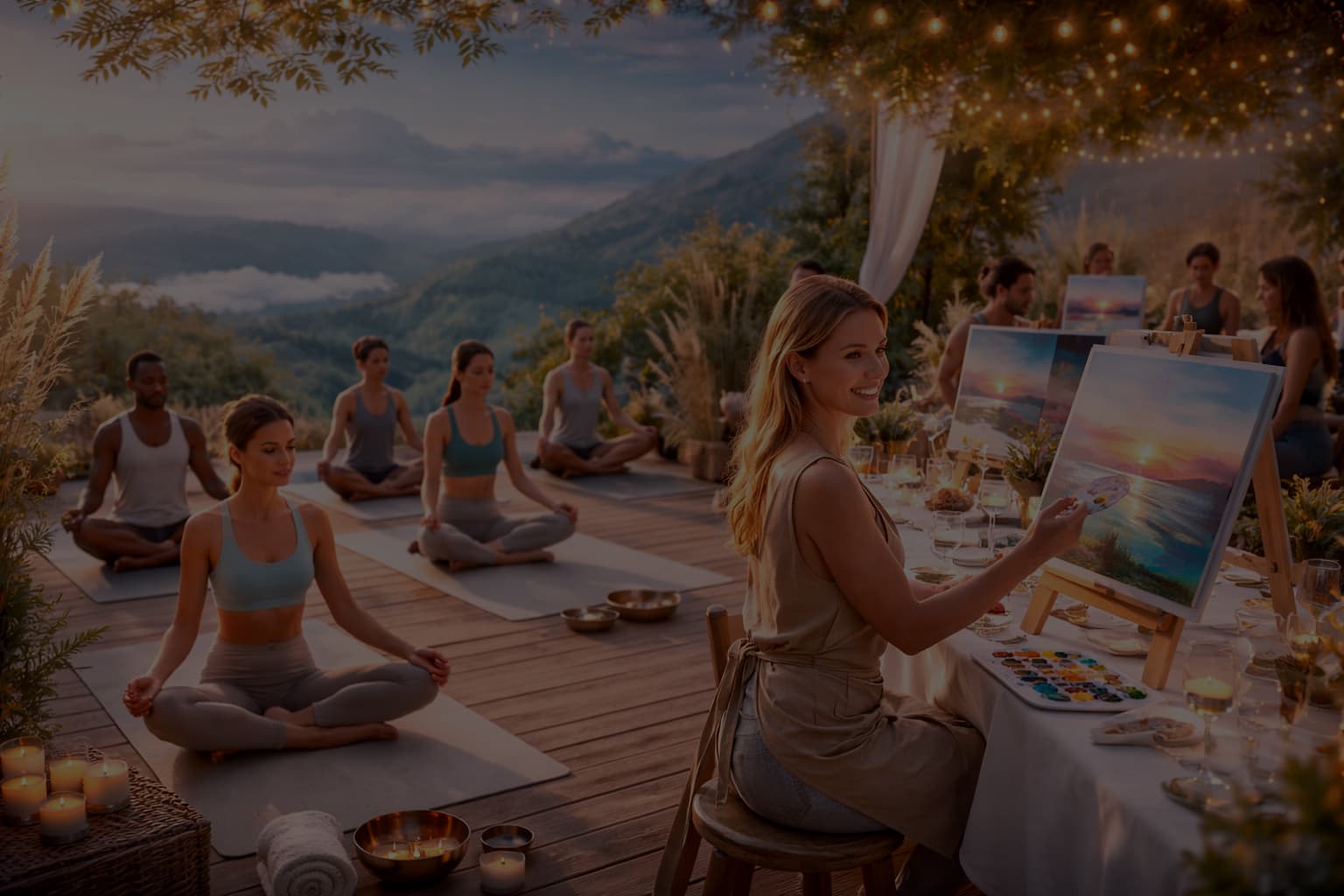 Grupo practicando yoga junto a una sesión de pintura guiada al aire libre