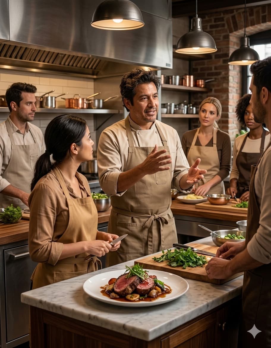 Chef instruyendo a un grupo corporativo frente a un plato terminado