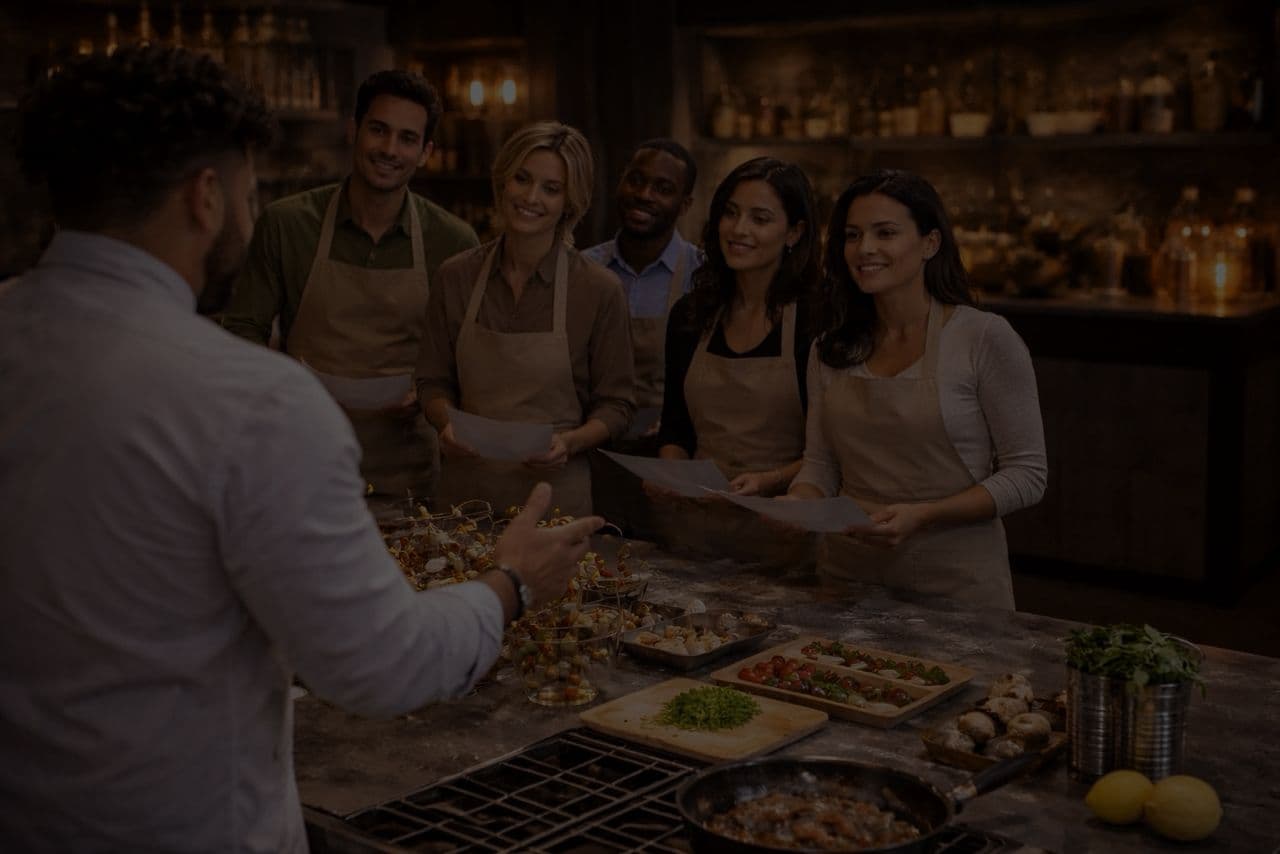 Chef facilitando una dinámica de cocina a un grupo corporativo