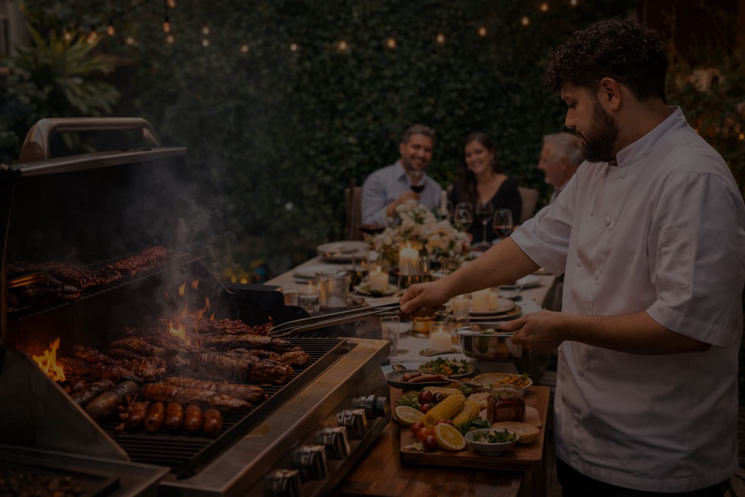 Chef parrillero cocinando frente a invitados en una cena al aire libre