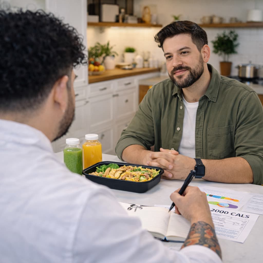 Consultoría de nutrición junto a una porción de prep meal