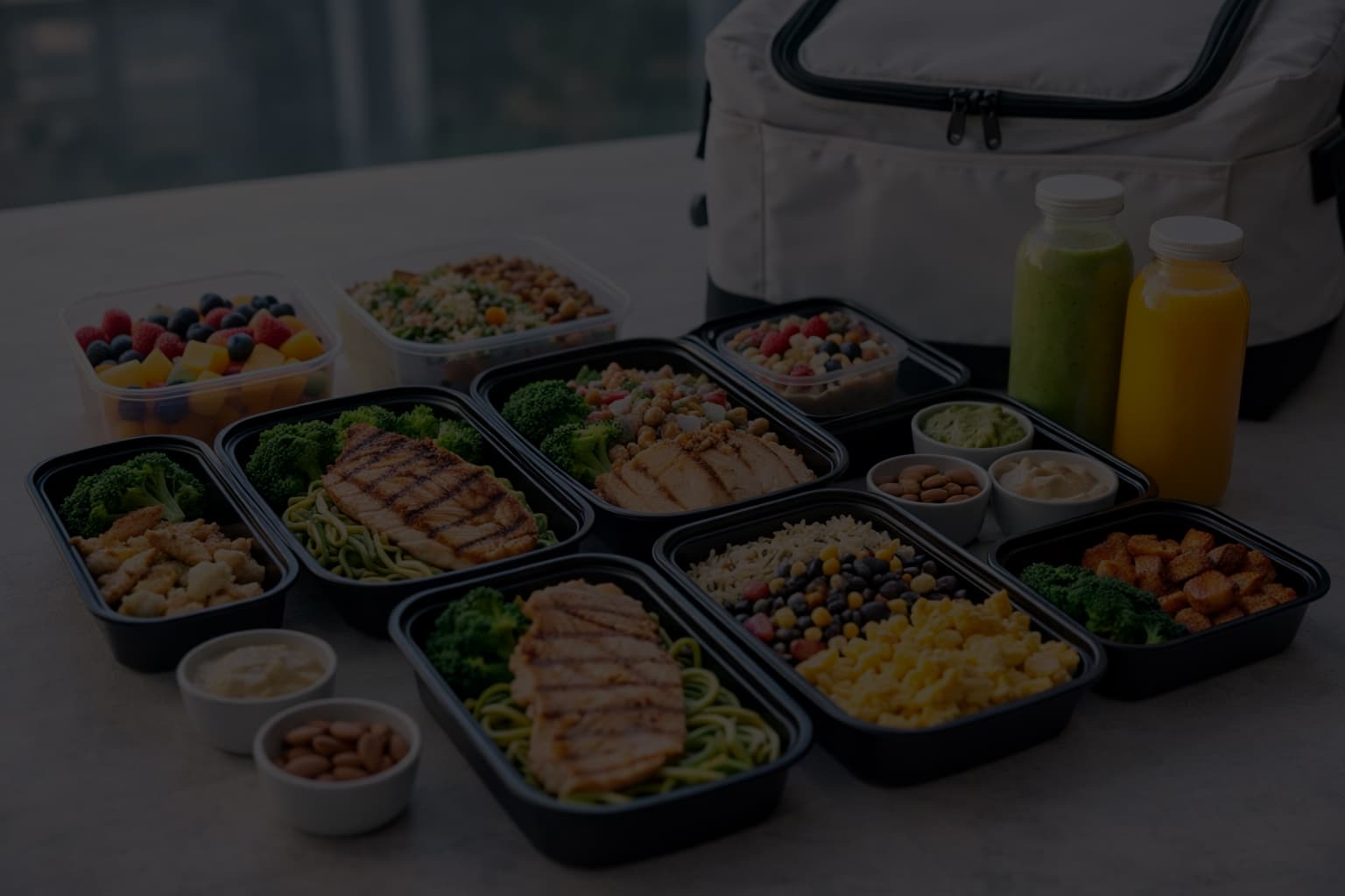 Comidas porcionadas junto a una lonchera térmica y jugos naturales