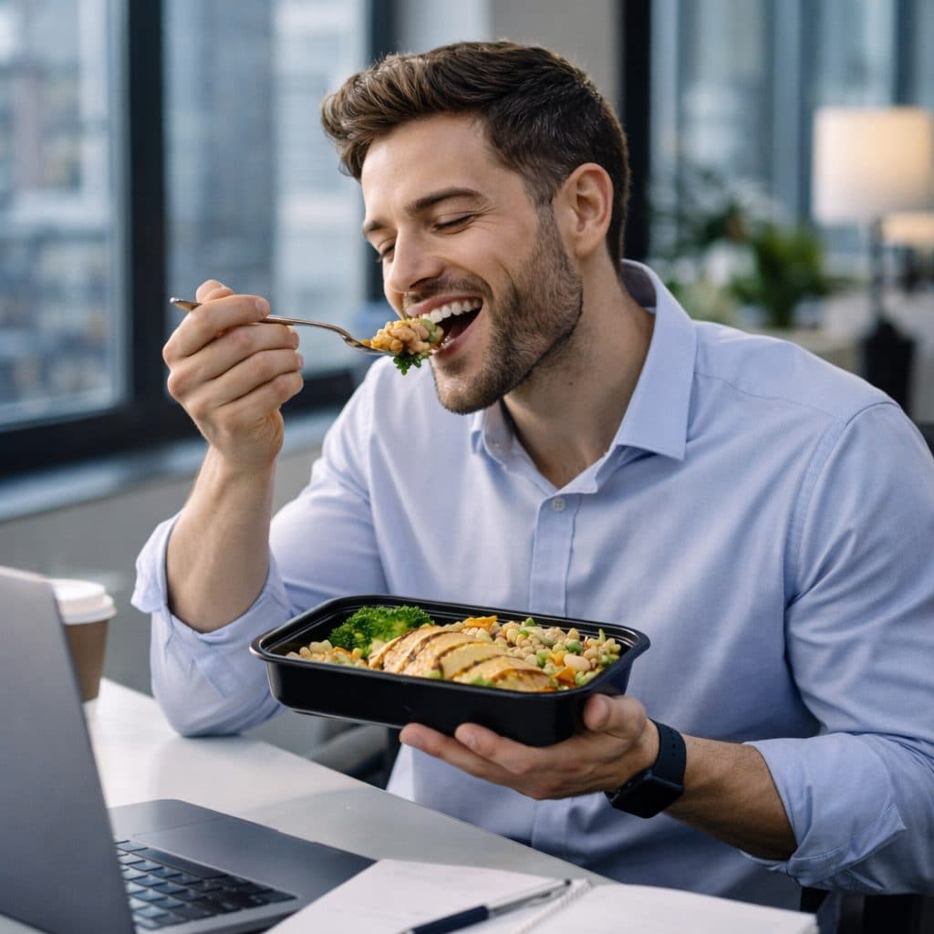 Persona comiendo su almuerzo de meal prep en el escritorio de la oficina