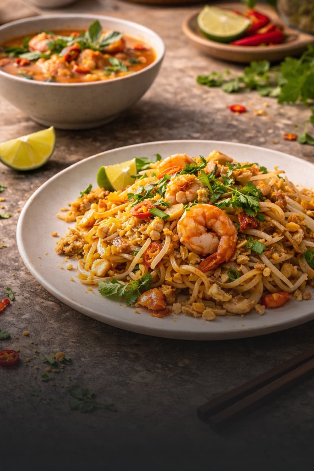 Plato de pad thai con camarones recién preparado