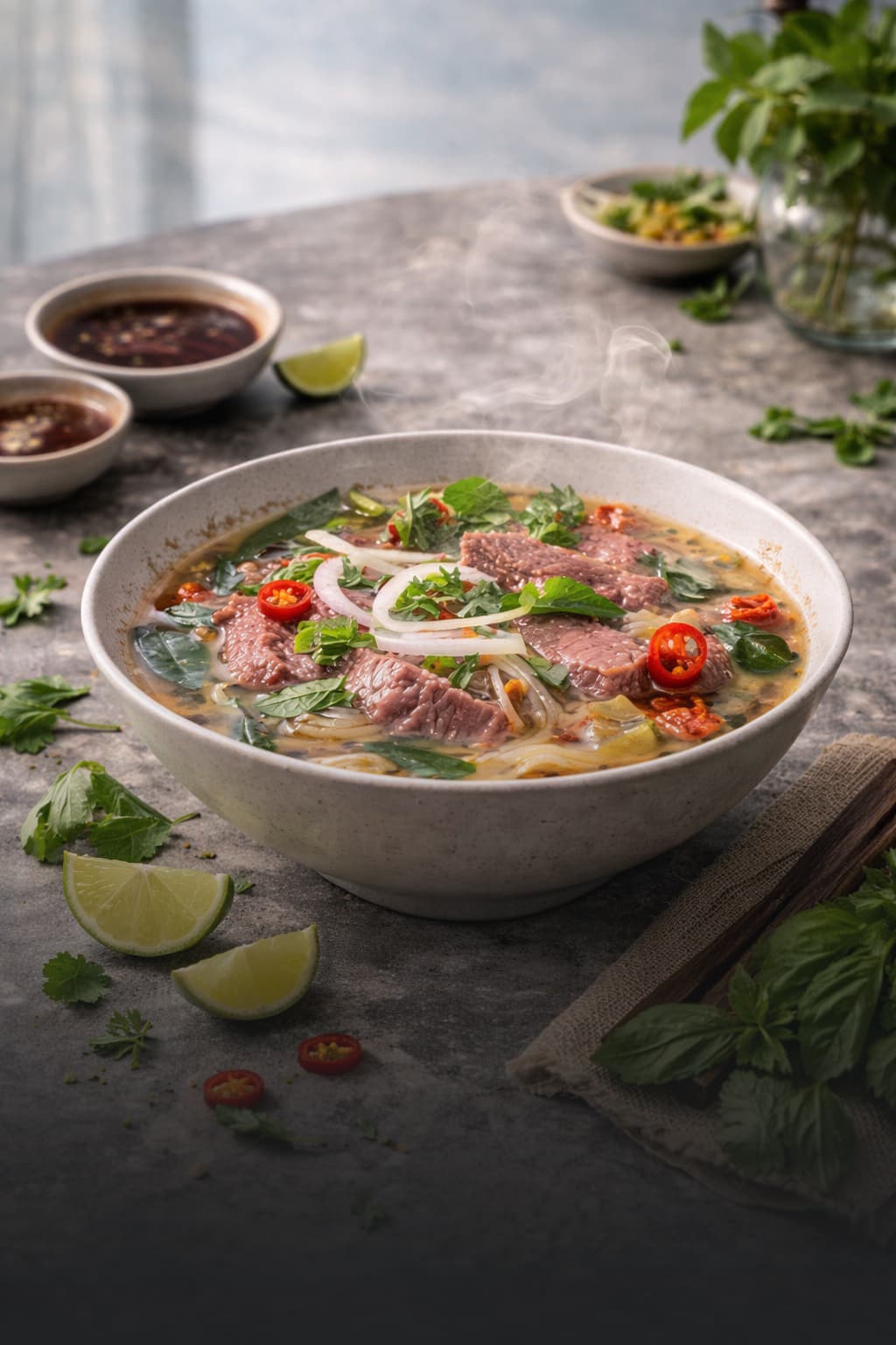 Bowl de pho vietnamita con carne y hierbas frescas
